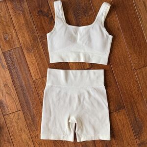 Cream Ribbed Sports Bra and Shorts Set